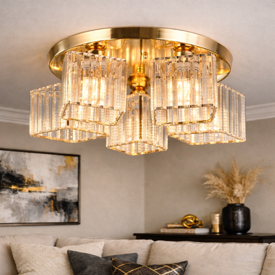 Lustre classique moderne Sasha, LC117/5GD, 5x E27, métal et cristal, or, abat-jour