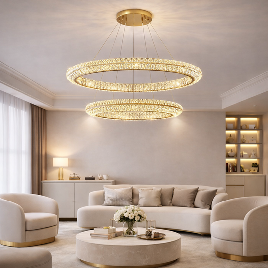 Lustre LED avec télécommande, LLC132/300GD, cristal et métal, 37W, 2 cercles, variable, 3000K/4000K/6000K, éclairage de luxe Lustres LED avec télécommande Titre par défaut Alessandro Design