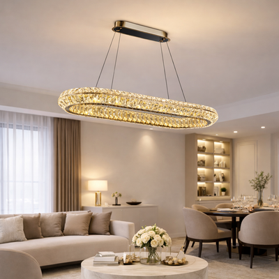 Lustre LED avec télécommande, LLC132/900X300GD, cristal et métal, 80 W, 1 cercle, intensité variable, hauteur réglable, lumière froide/chaude/neutre, éclairage luxueux
