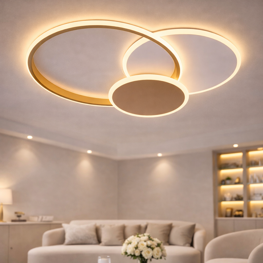 Lustre LED avec télécommande KILLIAN 46W, 3 Cercles, Lumière Froid/Chaude/Neutre 3000K/4000K/6000K, Dimmable, Or Blanc