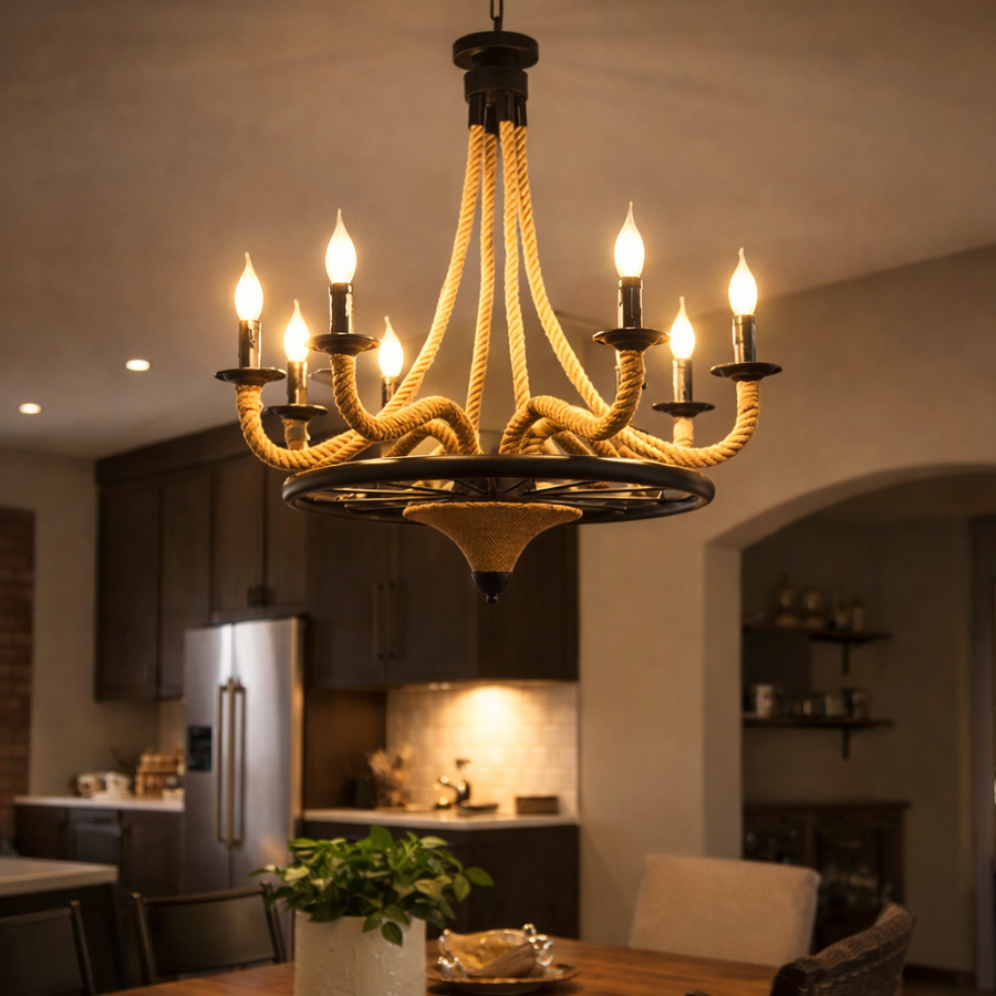 Lustre suspendu vintage, LV581/6BK, 6*E27, marron, métal et ficelle