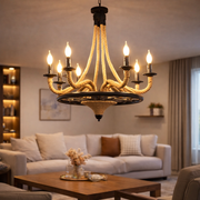 Lustre suspendu vintage, LV581/6BK, 6*E27, marron, métal et ficelle