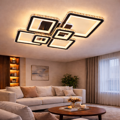 Lustre LED avec télécommande et cristal QUADRIS RGB 177W, 6 Carrés, Lumière Froid/Chaude/Neutre 3000K/4000K/6000K, Dimmable, Noir, Métal et Cristal