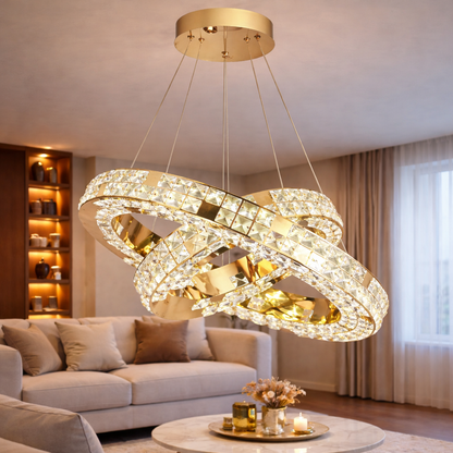 Lustre LED avec télécommande, LLC135/2GD, cristal et métal, 55 W, 2 cercles, intensité variable, hauteur réglable, lumière froide/chaude/neutre 3000 K/4000 K/6000 K, éclairage luxueux
