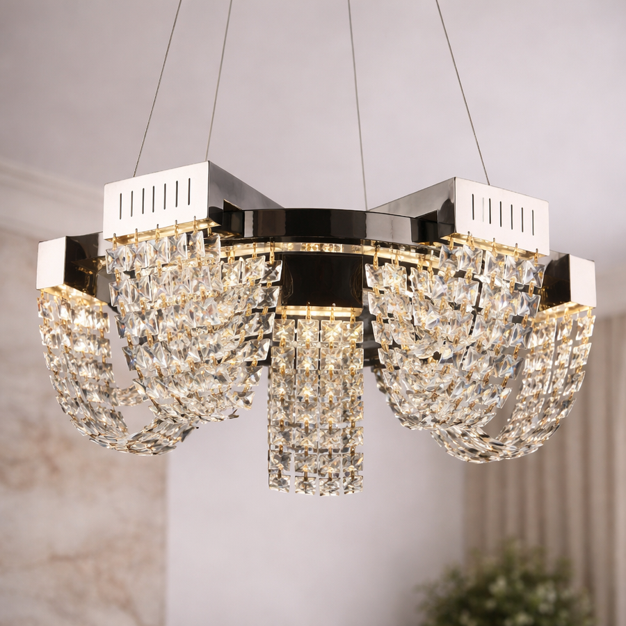 Lustre LED en cristal 30W, CC370/500CH, diamètre 49 cm, chrome brillant, lumière froide neutre chaude 3000K/4000K/6000K hauteur réglable, métal et cristal