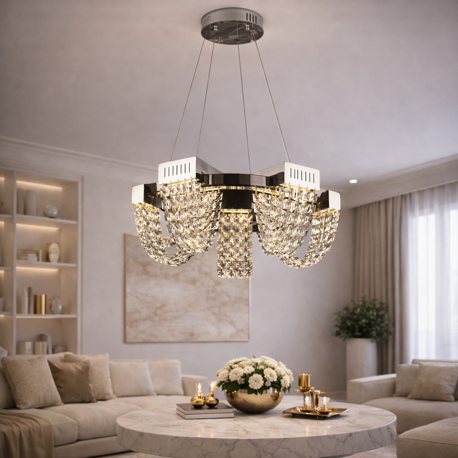 Lustre LED en cristal 30W, CC370/500CH, diamètre 49 cm, chrome brillant, lumière froide neutre chaude 3000K/4000K/6000K hauteur réglable, métal et cristal