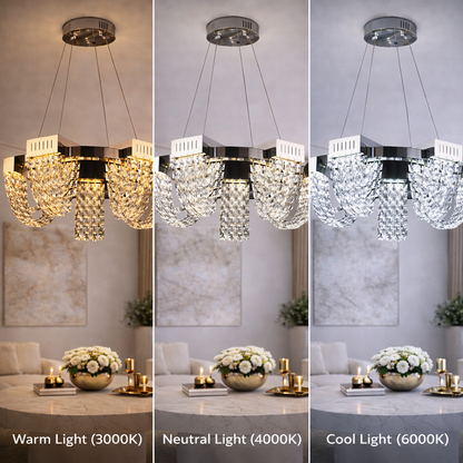 Lustre LED en cristal 30W, CC370/500CH, diamètre 49 cm, chrome brillant, lumière froide neutre chaude 3000K/4000K/6000K hauteur réglable, métal et cristal