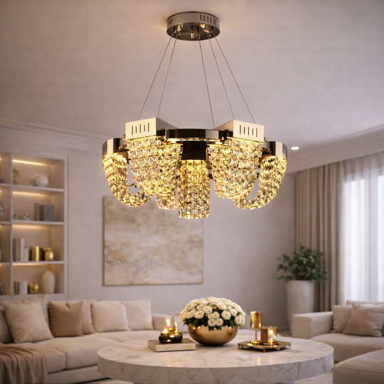 Lustre LED en cristal 24W, STRATUS Regalis, diamètre 80 cm, chrome brillant, hauteur réglable, lumière froide neutre et chaude 3000K/4000K/6000K, lustres en métal et cristal Titre par défaut Alessandro Design