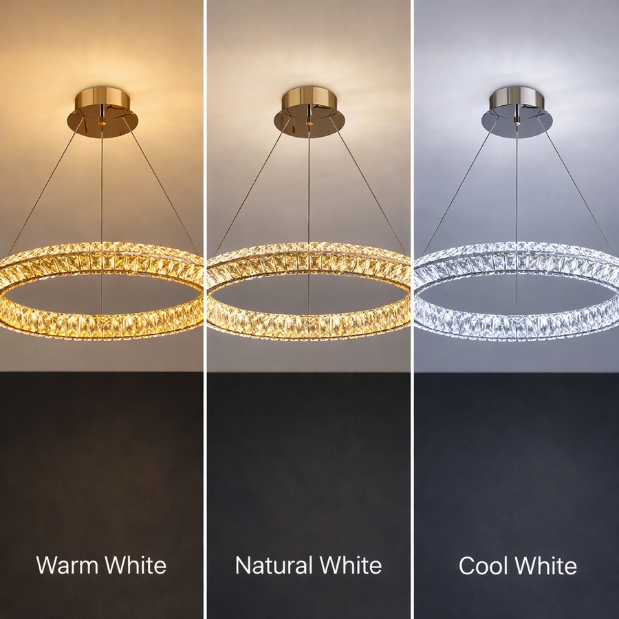 Lustre LED avec télécommande, LLC132/500GD, cristal et métal, 26 W, 1 cercle, intensité variable, hauteur réglable, lumière froide/chaude/neutre, éclairage luxueux