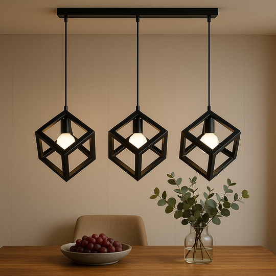 Lustre en forme de cube, trio linéaire STRUKTUR, 3x E27, noir, lustre en métal industriel par défaut titre Alessandro Design