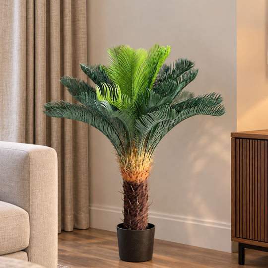Plante de palmier artificielle, 36 feuilles, 115 cm, vert, avec pot