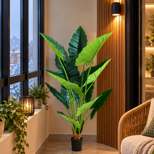 Plante artificielle type Alocasia, 12 feuilles, 150 cm, Vert