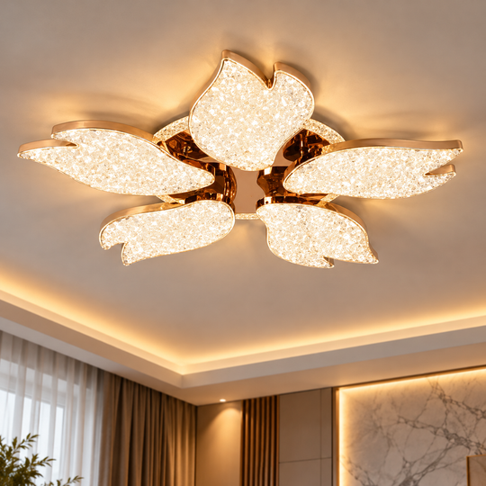 BLUME Magno Lustre LED avec télécommande et cristal, 79W, 5 Sources, Lumière Froide/Chaude/Neutre, Dimmable, Or