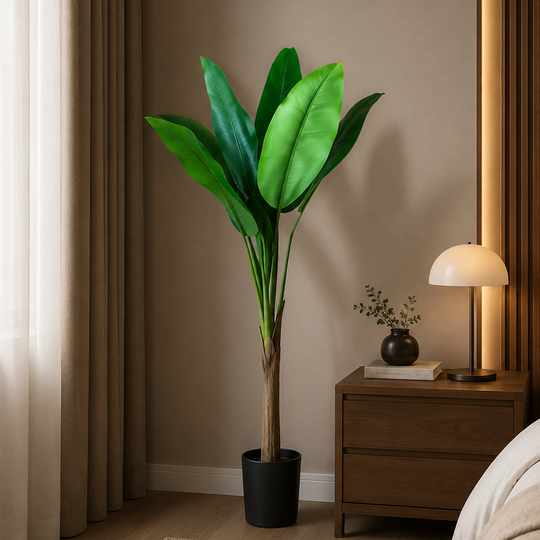 Bananier artificiel, 130 cm, 6 feuilles, vert, avec pot