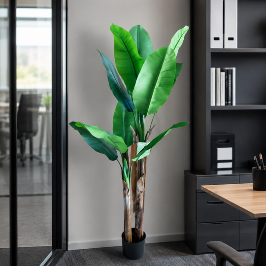 Bananier artificiel, 160 cm, 2 tiges, 10 feuilles, vert, avec pot