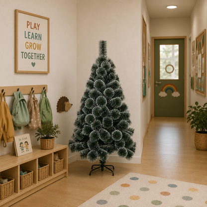 Decorațiune Brad Artificial MANIITSOQ, 150 cm, 130 vârfuri, Suport Metalic, Plastic, Ace Verzi cu Vârfuri Albe
