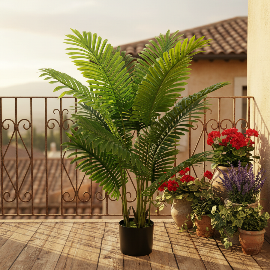 Decorațiune Palmier Areca, Plastic, 12 frunze, 120 cm, Verde