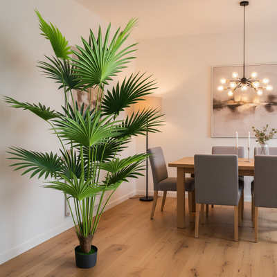 Plantă Artificială Tip Palmier Livistona Evantai, 15 frunze, 200 cm, Verde