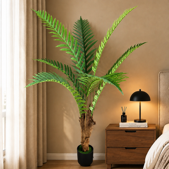 Plante de palmier royal artificiel, 160 cm, 7 feuilles, vert, avec pot