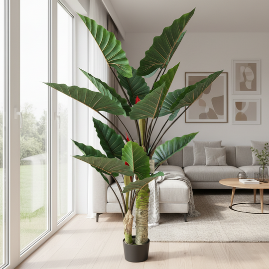 Plante Alocasia artificielle à larges feuilles, 2 troncs, 190 cm, vert