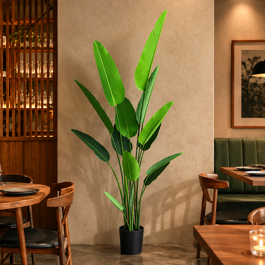 Plante artificielle type Strelitzia Nicolai (Oiseau du Paradis), 220 cm, 13 feuilles, Vert