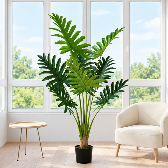 Plante artificielle type Philodendron, 8 feuilles, 140 cm, Vert