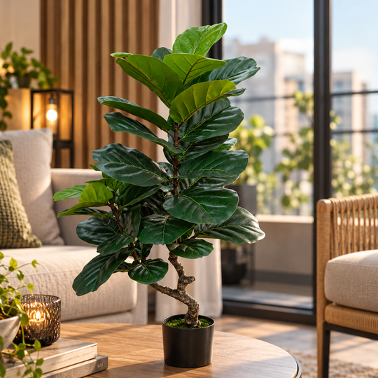 Ficus artificiel, 2 branches, 67 cm, vert, avec pot