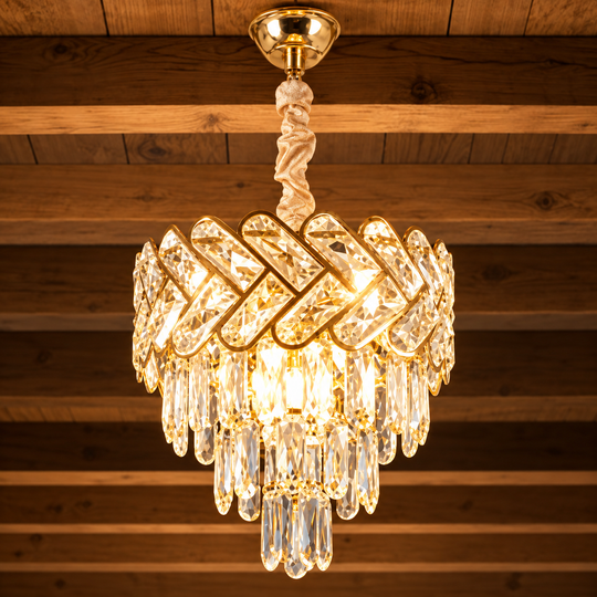 Lustre en cristal VECTOR Petito 3xE14, diamètre 28cm, doré brillant, hauteur réglable, métal et cristal