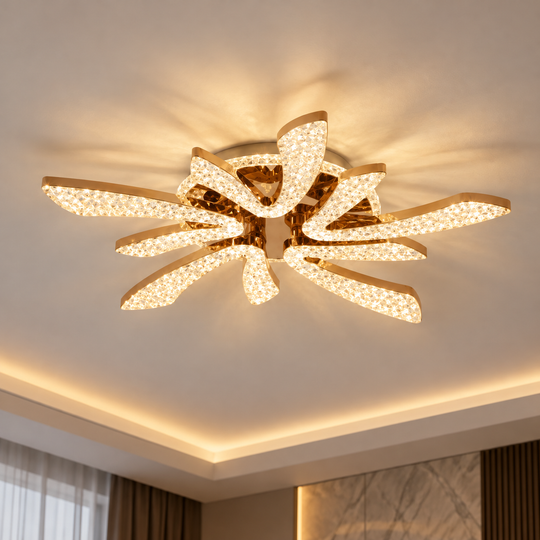 CHARM Magno Lustre LED avec télécommande et cristal, 68W, Ø59cm, 5 Sources, Lumière Froide/Chaude/Neutre, Dimmable, Or
