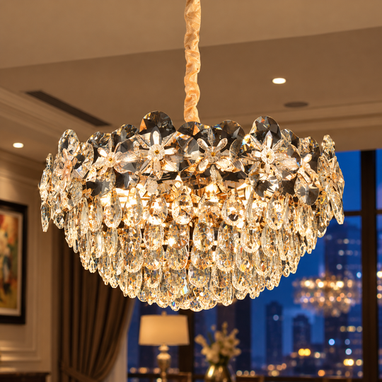 Lustre en cristal JARDIN Eleganza 9xE14, diamètre 50 cm, hauteur 30 cm, or brillant, hauteur réglable, design élégant