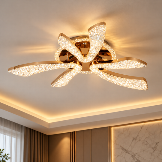 CHARM Elegance Lustre LED avec télécommande et cristal, 44W, Ø50cm, 3 sources, Lumière Froid/Chaud/Neutre, Dimmable, Or
