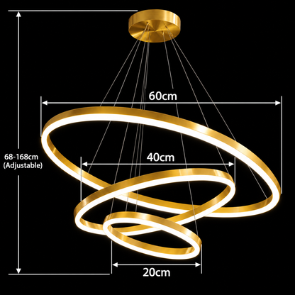 Lustre LED suspendu avec télécommande ELIZABETH, 85W, 3 Cercles, Lumière Froid/Chaud/Neutre, Dimmable, Or Brillant, Hauteur Réglable