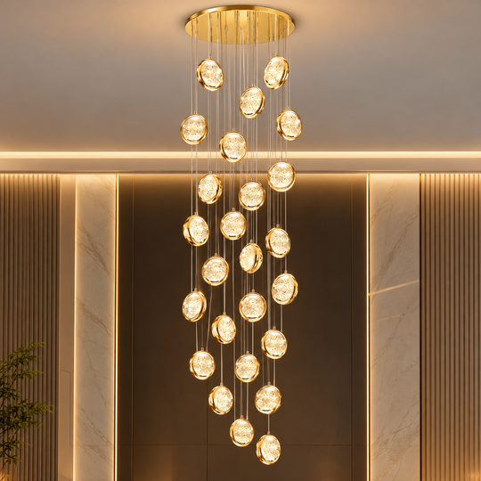 Lustre en cristal FRAME LED avec télécommande, suspendu, 30 sources, 90W, diamètre 60cm, hauteur réglable, doré, métal et cristal