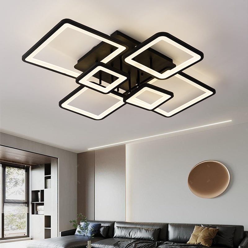 Lustre LED avec télécommande ELLA 120W, 6 Carrés, Lumière Froide/Chaude/Neutre, Dimmable, Noir, Métal et Acrylique