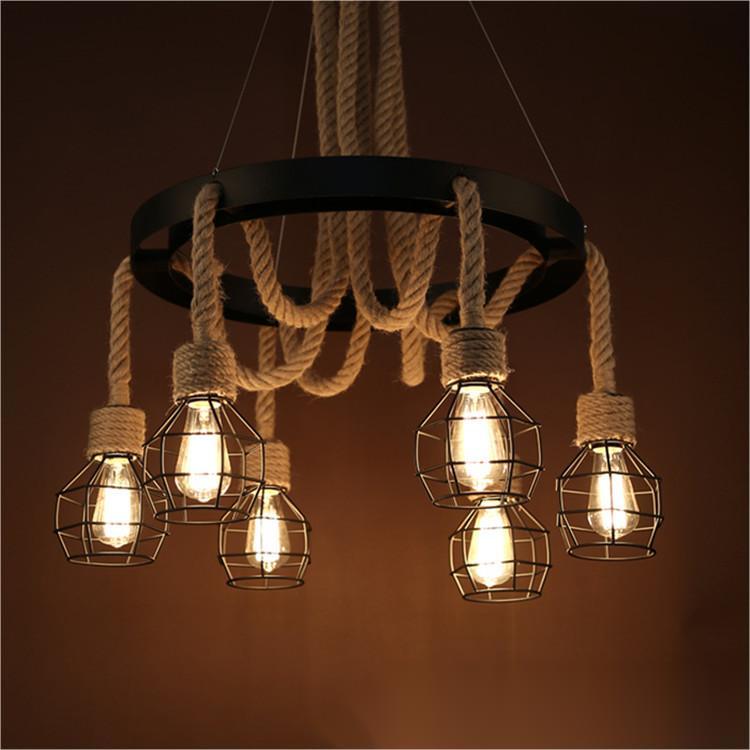 Lustre à roue LV580/6BK, 6*E27, marron, métal et ficelle