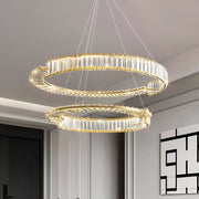 Lustre LED suspendu avec télécommande et cristal PRISM REGAL 120W, 2 Cercles, Lumière Froid/Chaud/Neutre, Dimmable, Doré, Hauteur Réglable