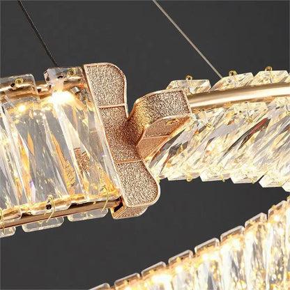 Lustre LED suspendu avec télécommande et cristal PRISM REGAL 200W, 2 Cercles, Lumière Froid/Chaud/Neutre, Dimmable, Or, Hauteur Réglable