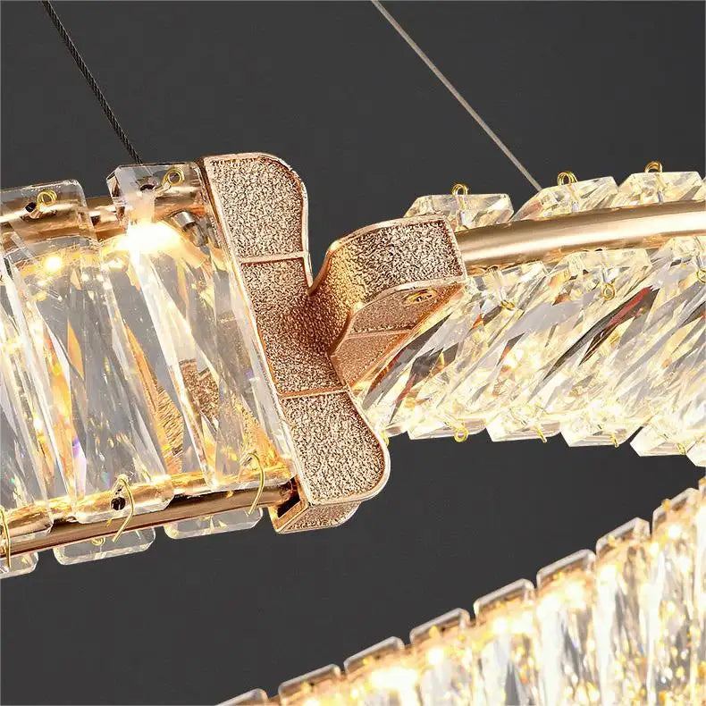 Lustre LED suspendu avec télécommande et cristal PRISM REGAL 200W, 2 Cercles, Lumière Froid/Chaud/Neutre, Dimmable, Or, Hauteur Réglable