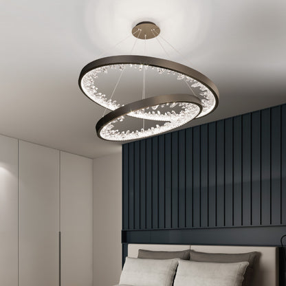 Lustre LED suspendu avec télécommande, Cristaux K9, 73W, 2 Cercles, 60 cm, Lumière Froid/Chaud/Neutre, Dimmable, Noir, Hauteur Réglable