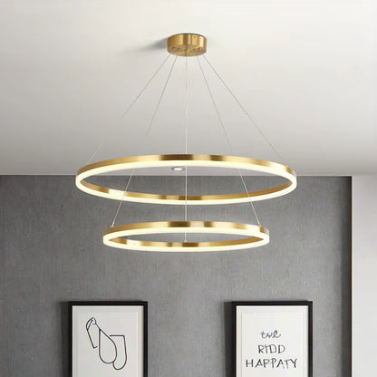 Lustre LED suspendu avec télécommande CHRISTINE, 41W, 2 Cercles, Lumière Froid/Chaude/Neutre, Dimmable, Or Brillant, Hauteur Réglable