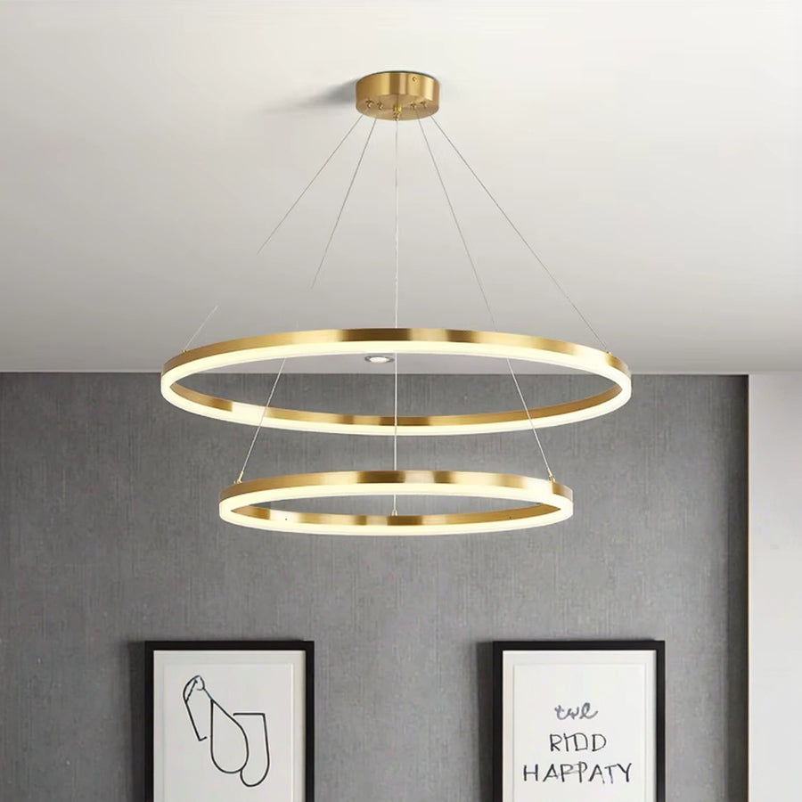 Lustre LED suspendu avec télécommande CHRISTINE, 41W, 2 Cercles, Lumière Froid/Chaude/Neutre, Dimmable, Or Brillant, Hauteur Réglable
