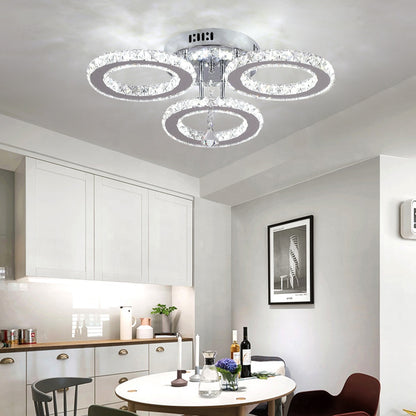 Lustre LED avec télécommande et cristal ALANUBIS 40W, 3 Cercles, Lumière Froide/Chaude/Neutre, Dimmable, Chrome Brillant