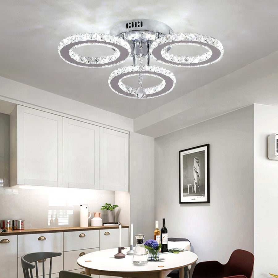 Lustre LED avec télécommande et cristal ALANUBIS 40W, 3 Cercles, Lumière Froide/Chaude/Neutre, Dimmable, Chrome Brillant