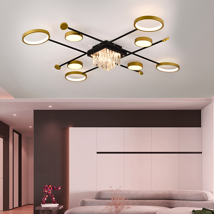 Lustre LED avec télécommande et cristal GUIDA 46W, 8 Éléments, Lumière Froide/Chaude/Neutre, Dimmable, Noir Or