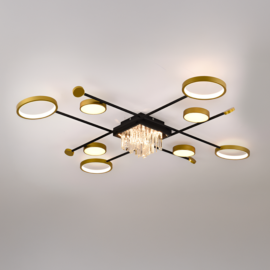 Lustre LED avec télécommande et cristal GUIDA 46W, 8 Éléments, Lumière Froide/Chaude/Neutre, Dimmable, Noir Or