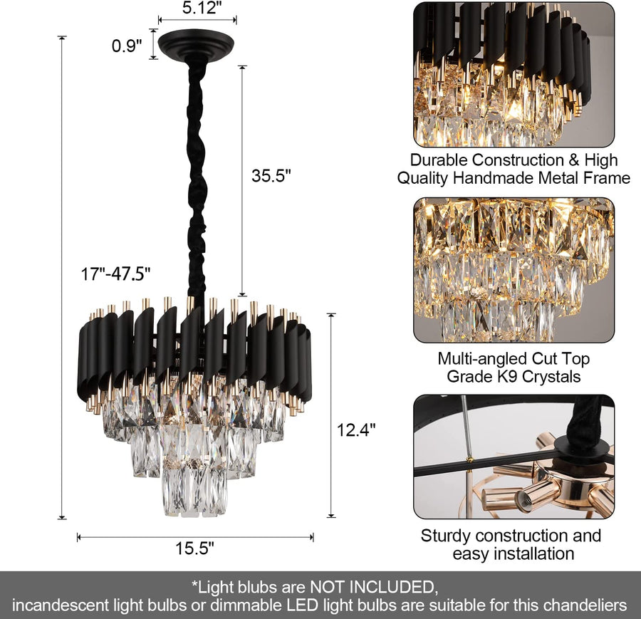 Lustre en cristal VERSAILLES Petito 3xE14, diamètre 30cm, doré brillant et noir, hauteur réglable