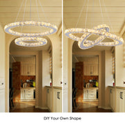 Lustre LED avec télécommande et cristal PRISM LUMINIS 55W, 2 Cercles, Lumière Froide/Chaude/Neutre, Dimmable, Argent, Hauteur Réglable