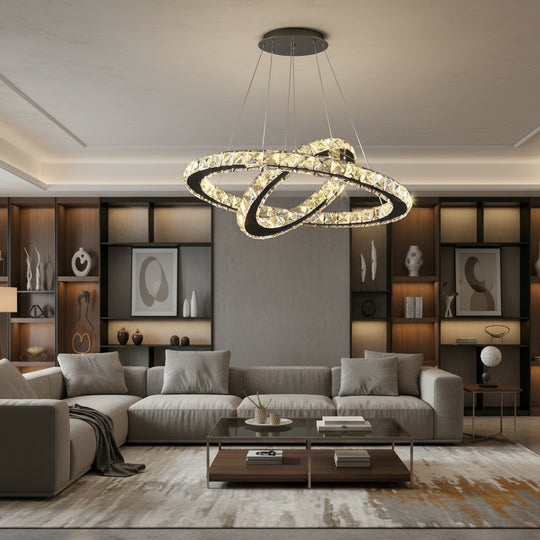 Lustre LED avec télécommande et cristal PRISM LUMINIS 58W, 2 Cercles, Lumière Froide/Chaude/Neutre, Dimmable, Chrome et Blanc, Lustres LED à hauteur réglable avec télécommande Titre par défaut Alessandro Design