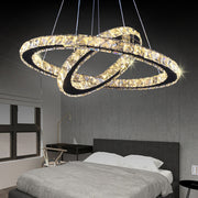 Lustre LED avec télécommande et cristal PRISM LUMINIS 55W, 2 Cercles, Lumière Froide/Chaude/Neutre, Dimmable, Argent, Hauteur Réglable