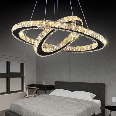 Lustre LED avec télécommande et cristal PRISM LUMINIS 55W, 2 Cercles, Lumière Froide/Chaude/Neutre, Dimmable, Argent, Hauteur Réglable